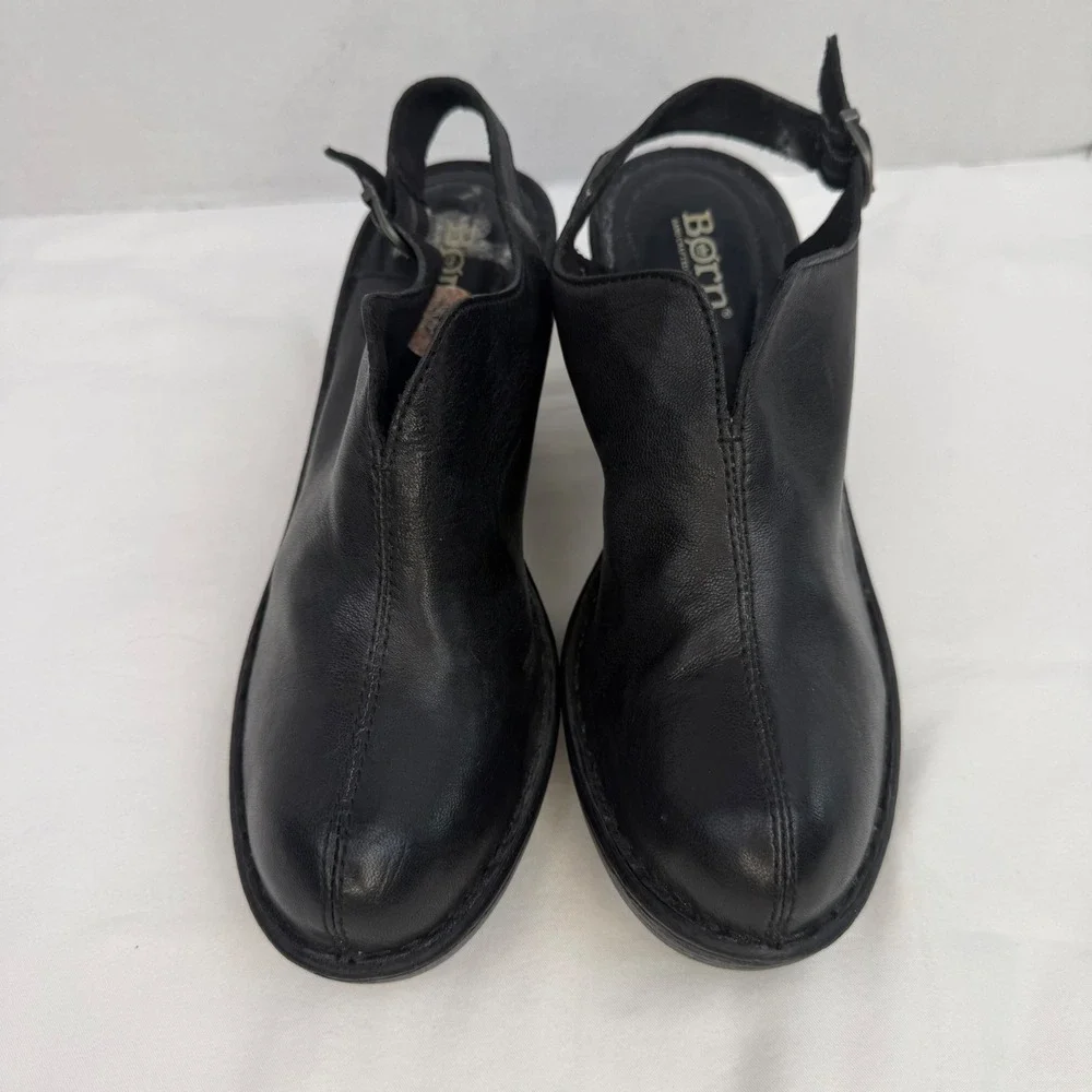 Born Black Leather Slingback Wedge Clogs D85503 Round Toe Platform Sandals 8M
